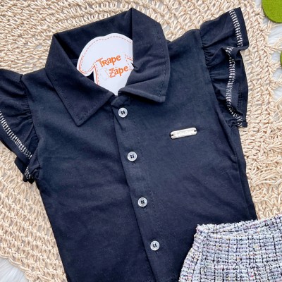 Conj. Camisa com Botões e Short Tweed - Preto